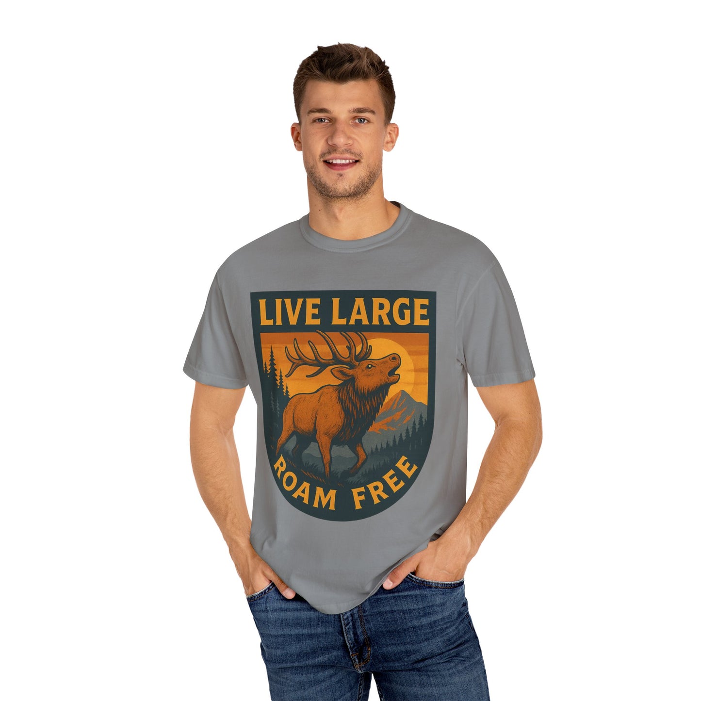 Live Large Roam Free Elk T-Shirt, Nature Lover Tee, Adventure Shirt, Outdoorsy Apparel, Gift for Him/Her, Vintage Style T-Shirt
