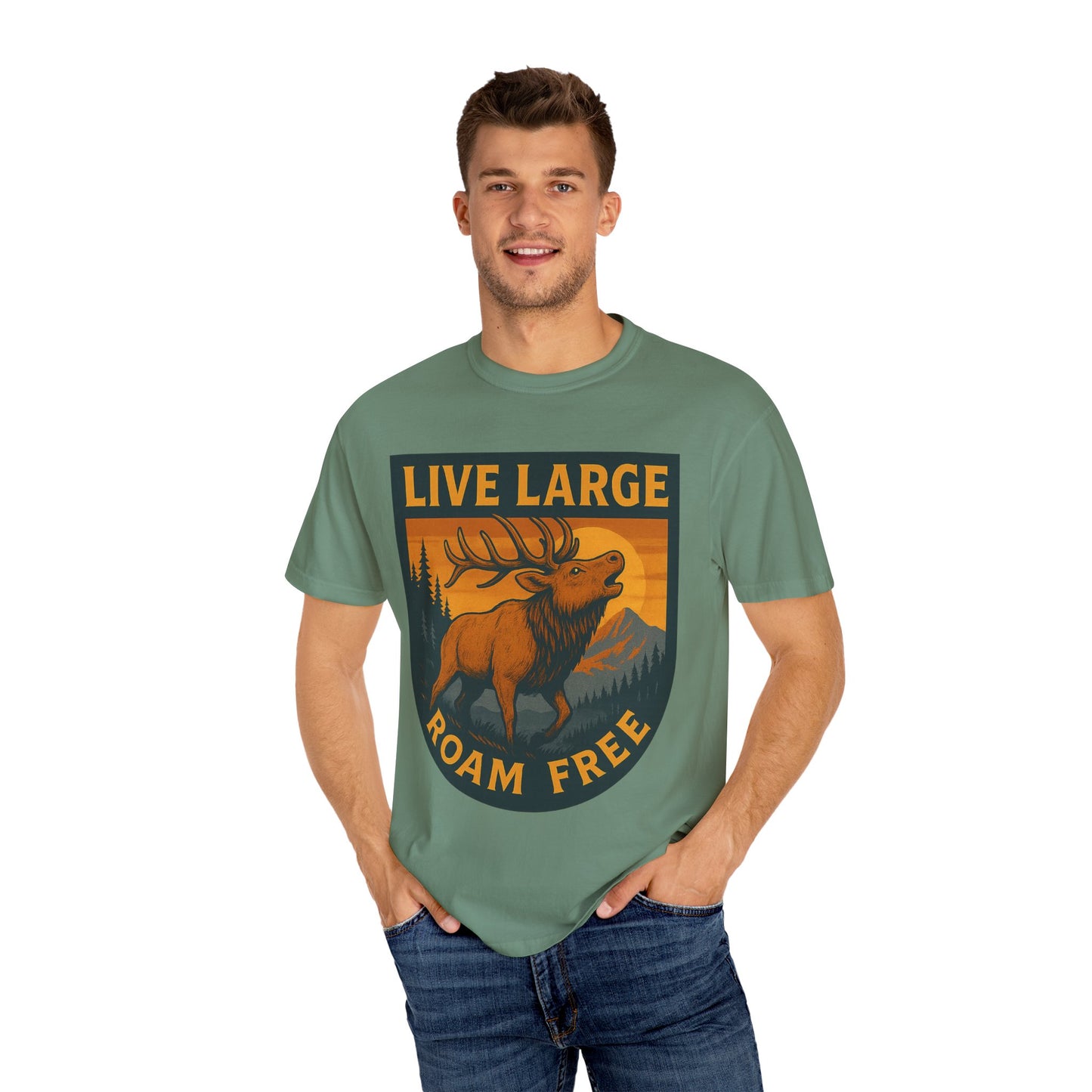 Live Large Roam Free Elk T-Shirt, Nature Lover Tee, Adventure Shirt, Outdoorsy Apparel, Gift for Him/Her, Vintage Style T-Shirt