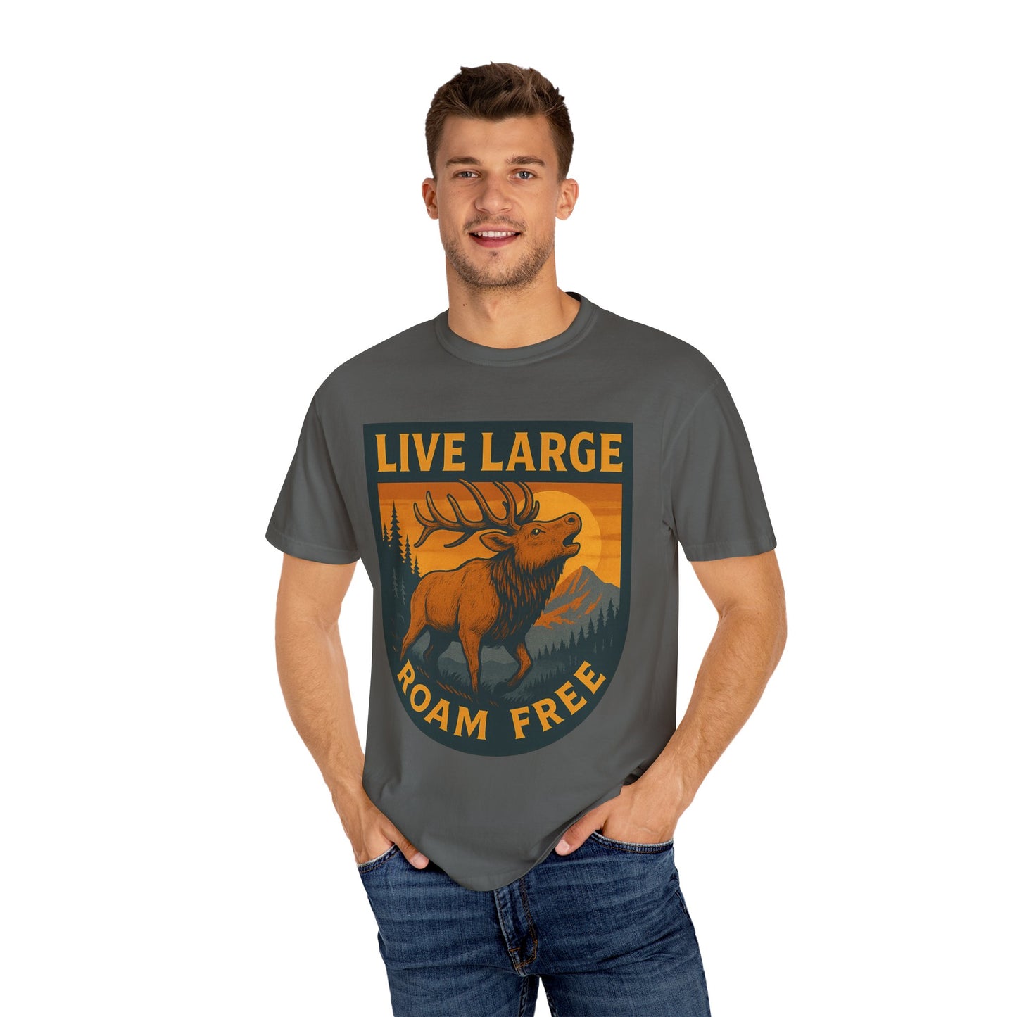 Live Large Roam Free Elk T-Shirt, Nature Lover Tee, Adventure Shirt, Outdoorsy Apparel, Gift for Him/Her, Vintage Style T-Shirt