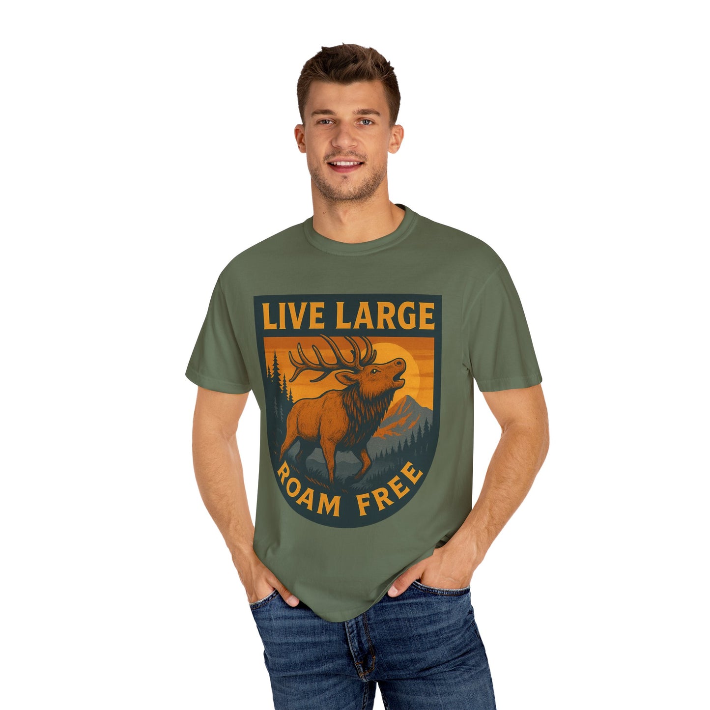 Live Large Roam Free Elk T-Shirt, Nature Lover Tee, Adventure Shirt, Outdoorsy Apparel, Gift for Him/Her, Vintage Style T-Shirt