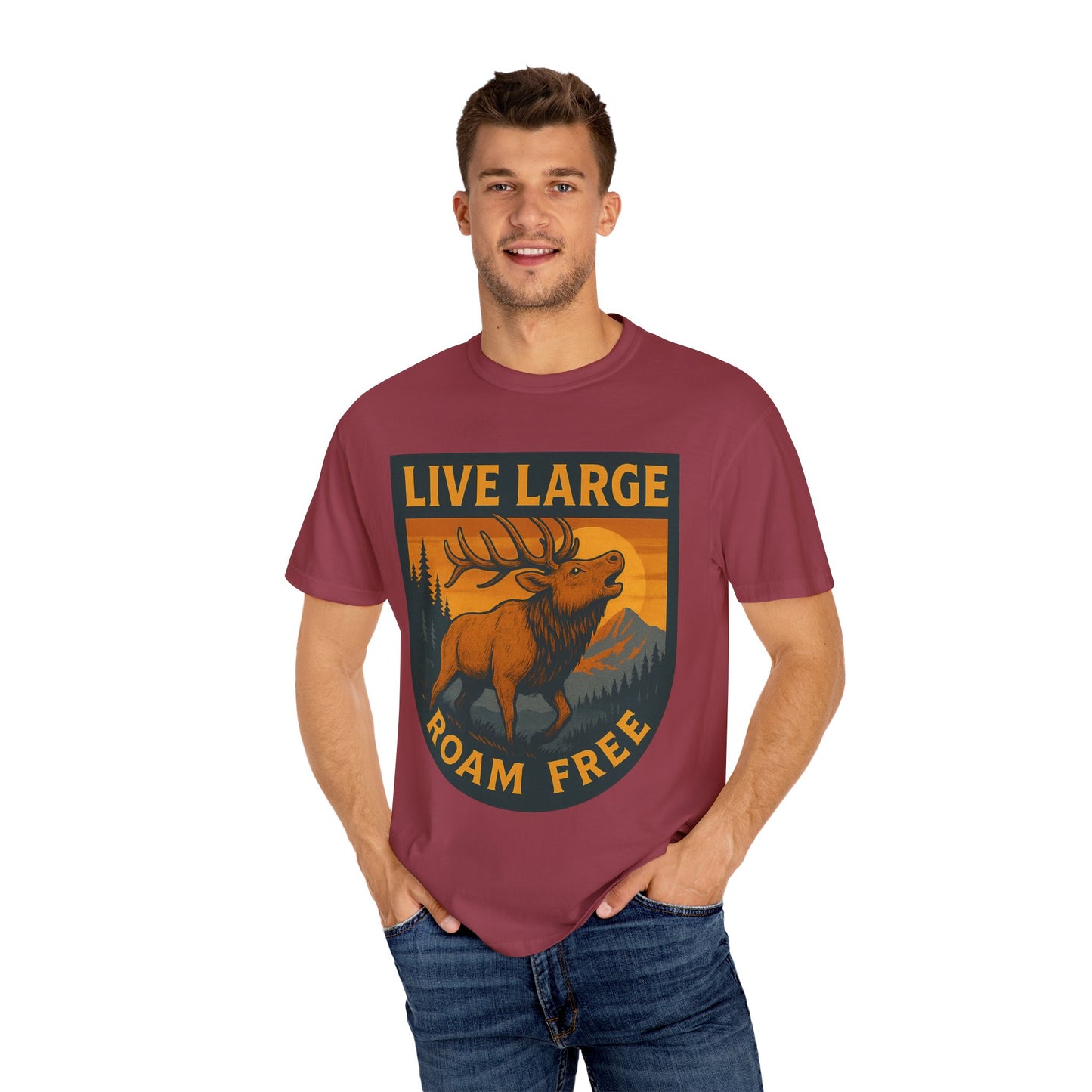 Live Large Roam Free Elk T-Shirt, Nature Lover Tee, Adventure Shirt, Outdoorsy Apparel, Gift for Him/Her, Vintage Style T-Shirt
