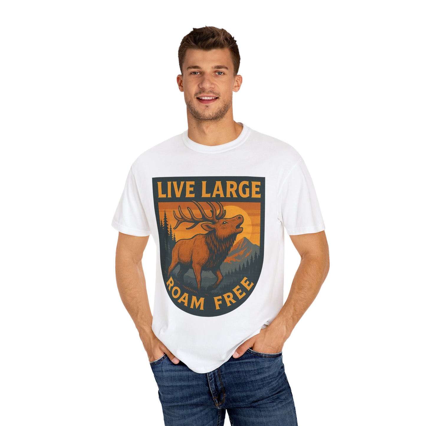 Live Large Roam Free Elk T-Shirt, Nature Lover Tee, Adventure Shirt, Outdoorsy Apparel, Gift for Him/Her, Vintage Style T-Shirt