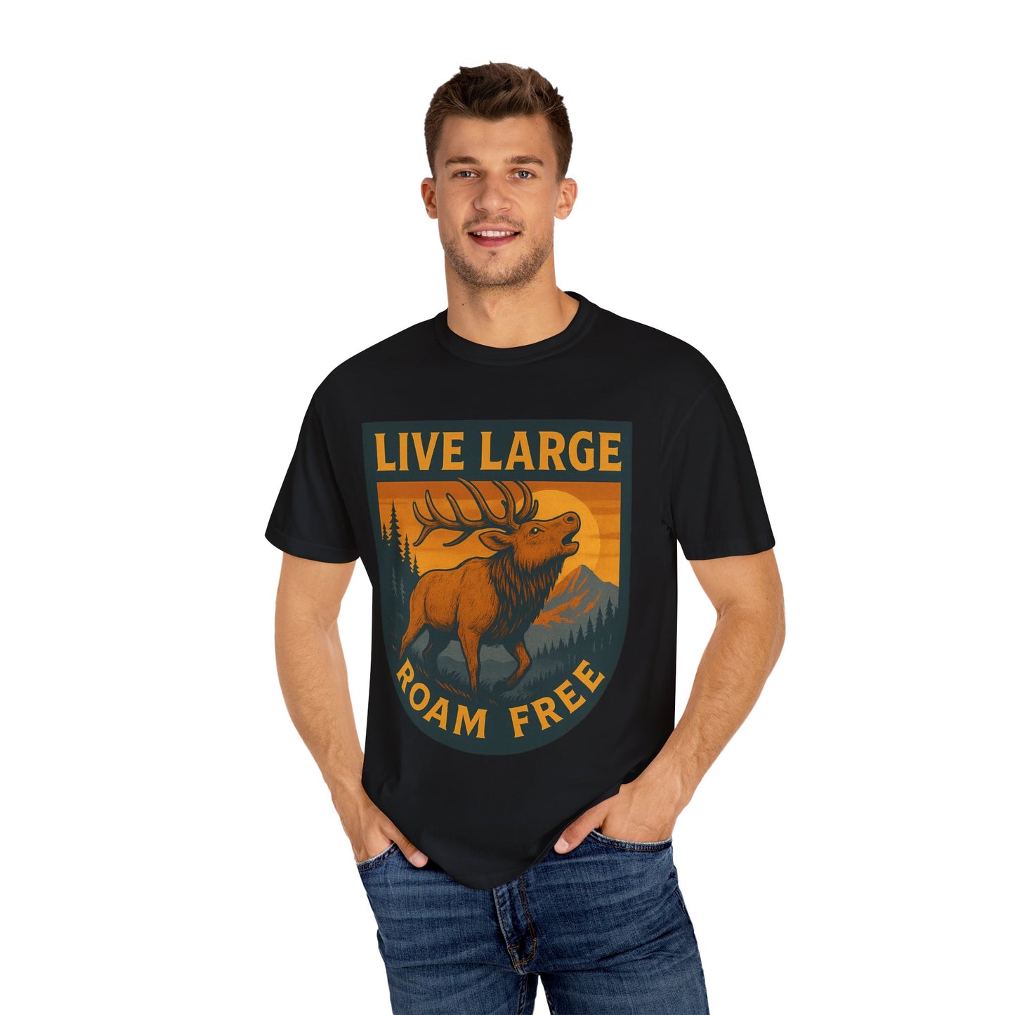 Live Large Roam Free Elk T-Shirt, Nature Lover Tee, Adventure Shirt, Outdoorsy Apparel, Gift for Him/Her, Vintage Style T-Shirt