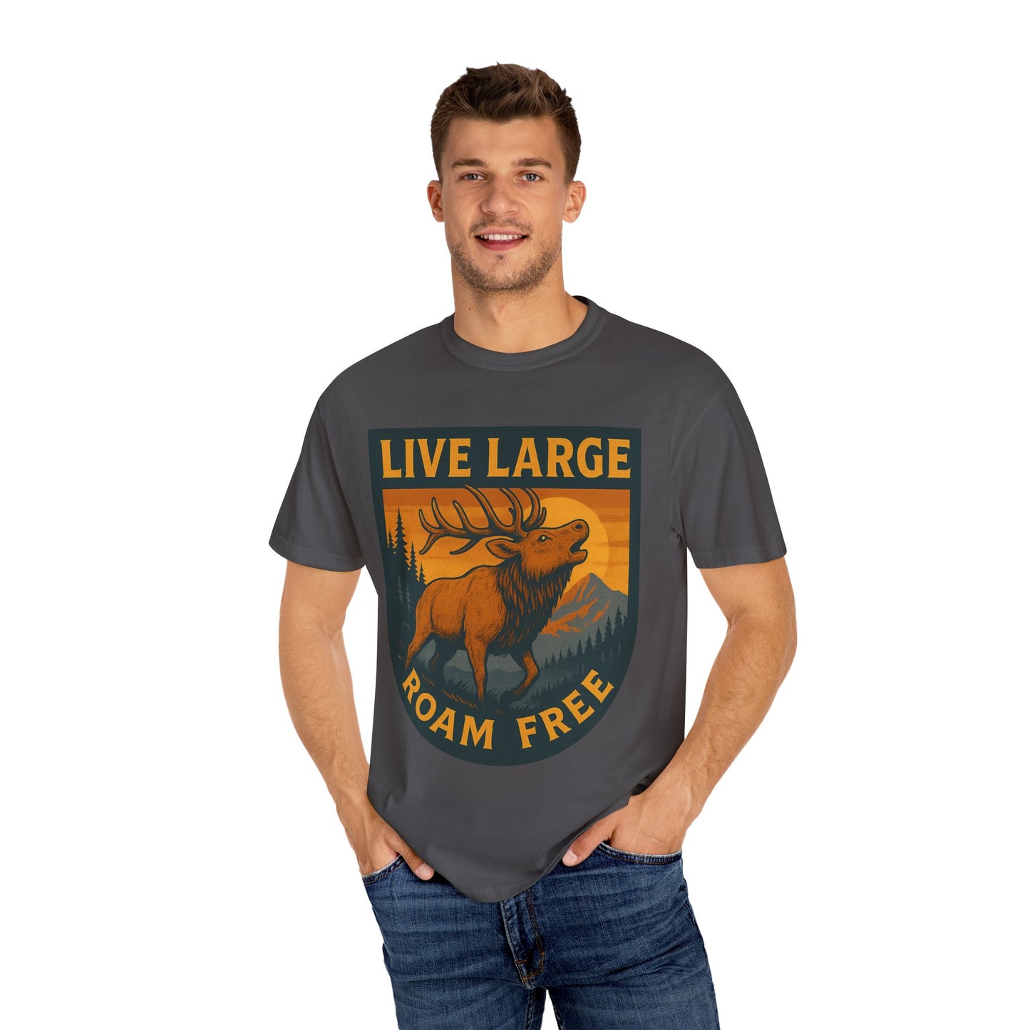 Live Large Roam Free Elk T-Shirt, Nature Lover Tee, Adventure Shirt, Outdoorsy Apparel, Gift for Him/Her, Vintage Style T-Shirt